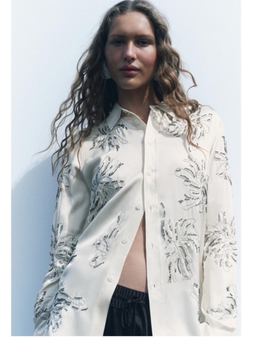 ZARA Embroidered Beaded Floral Button Down Blouse in Cream Silver Size M NWT